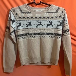 H&M Womens Christmas Sweater Pink White Reindeer “Oh Deer” Size 12/14